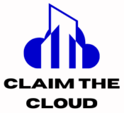 Modern building in center of blue cloud with text CLAIM THE CLOUD.